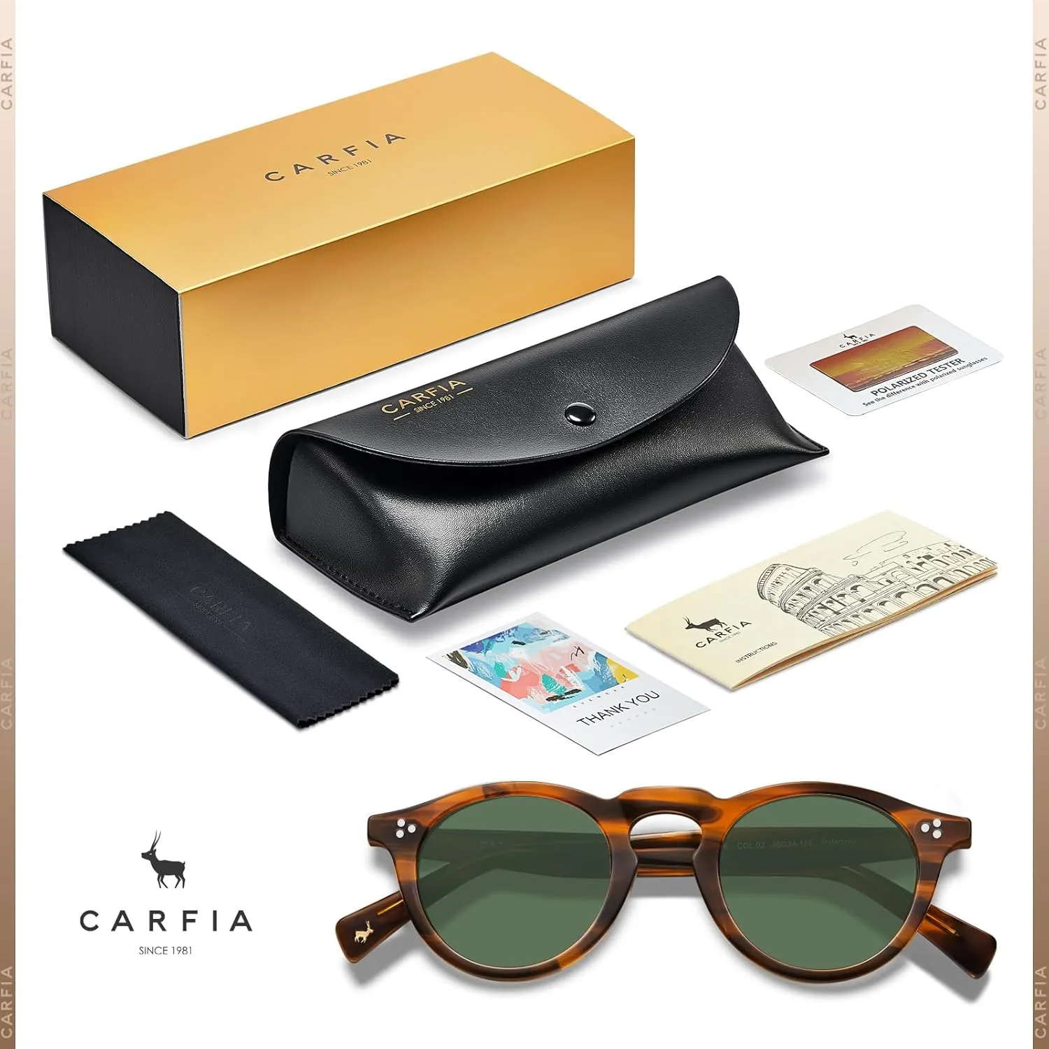 CARFIA Retro Men's Sunglasses Polarized UV400 Protection, Small Round Acetate Italian Luxury Style Driving Shades