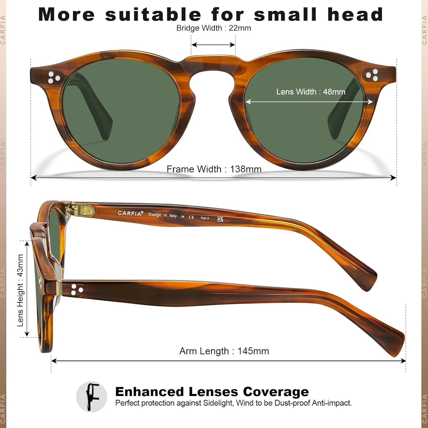 CARFIA Retro Men's Sunglasses Polarized UV400 Protection, Small Round Acetate Italian Luxury Style Driving Shades