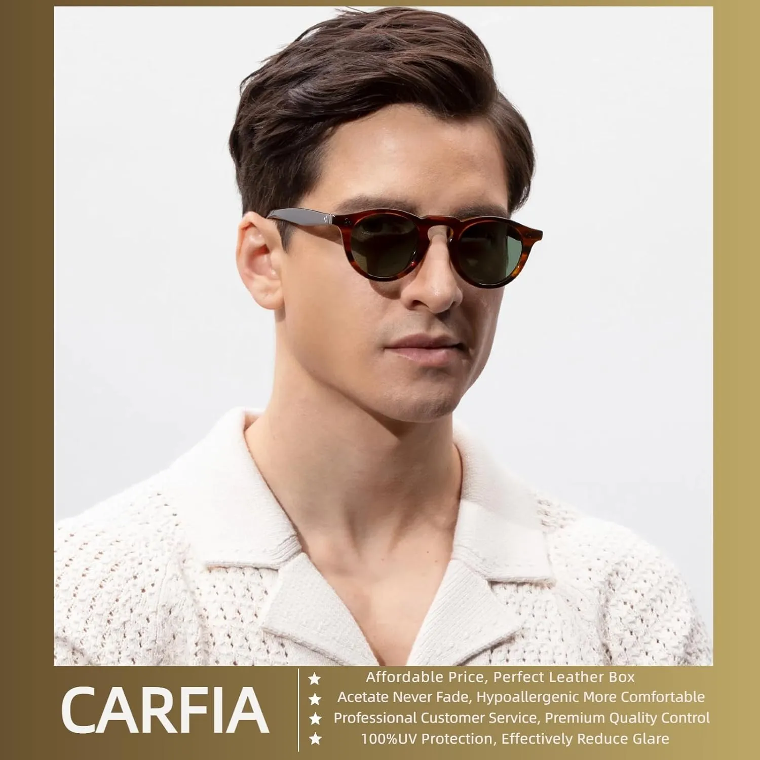 CARFIA Retro Men's Sunglasses Polarized UV400 Protection, Small Round Acetate Italian Luxury Style Driving Shades