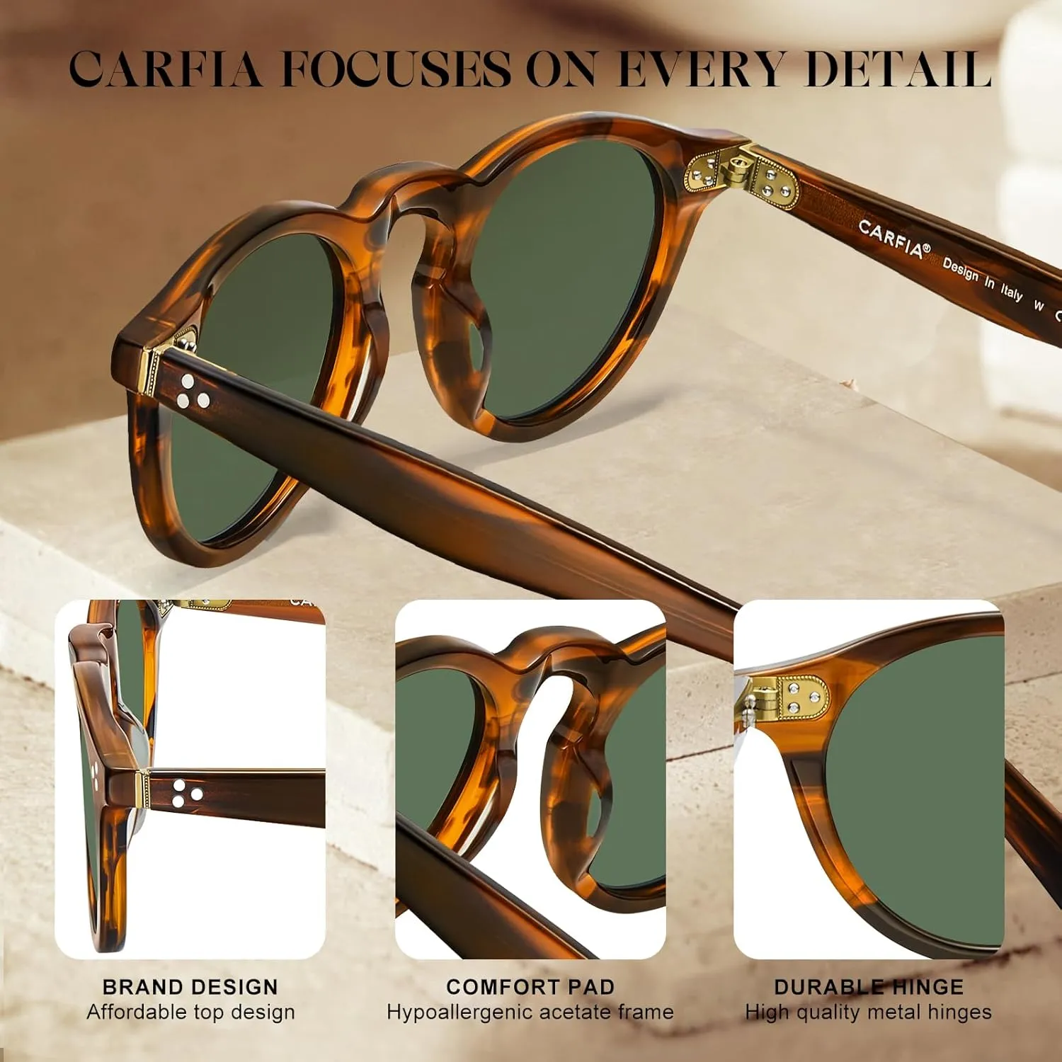CARFIA Retro Men's Sunglasses Polarized UV400 Protection, Small Round Acetate Italian Luxury Style Driving Shades