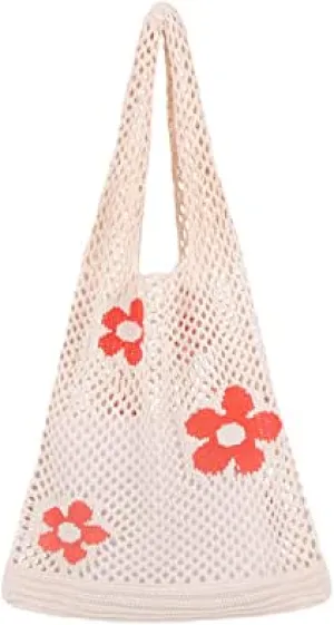 Crotchet Flower Print Beach Bag
