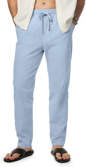 JMIERR Mens Cotton Pants Casual Elastic Waist Drawstring Lightweight Summer Beach Trousers with Pockets