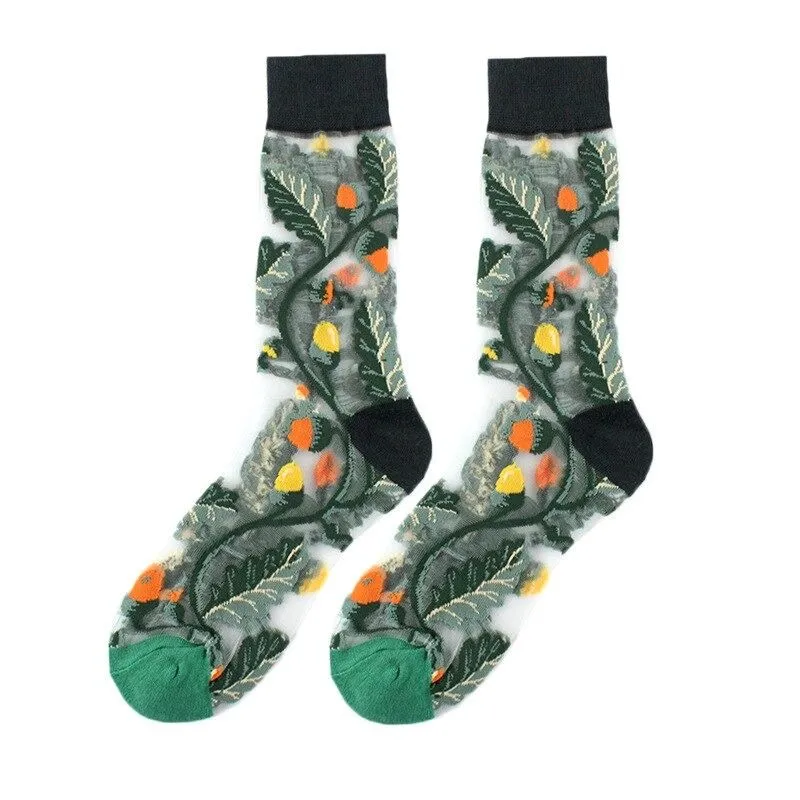 OCW Women Socks Tropical Sunflower Breathable Mesh Crew Silk Trendy Design (Set 10 Pairs)