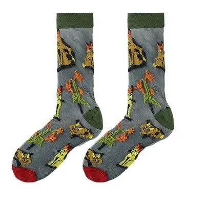 OCW Women Socks Tropical Sunflower Breathable Mesh Crew Silk Trendy Design (Set 10 Pairs)