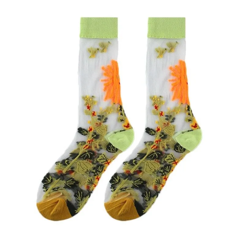OCW Women Socks Tropical Sunflower Breathable Mesh Crew Silk Trendy Design (Set 10 Pairs)