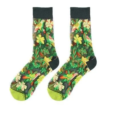 OCW Women Socks Tropical Sunflower Breathable Mesh Crew Silk Trendy Design (Set 10 Pairs)