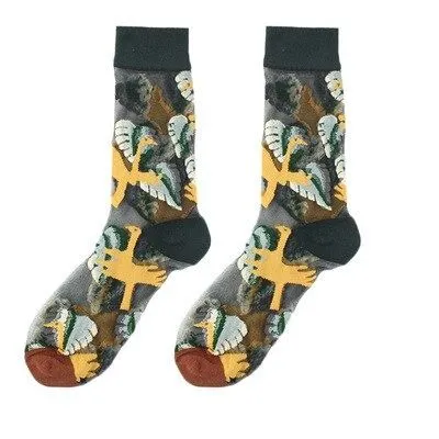 OCW Women Socks Tropical Sunflower Breathable Mesh Crew Silk Trendy Design (Set 10 Pairs)