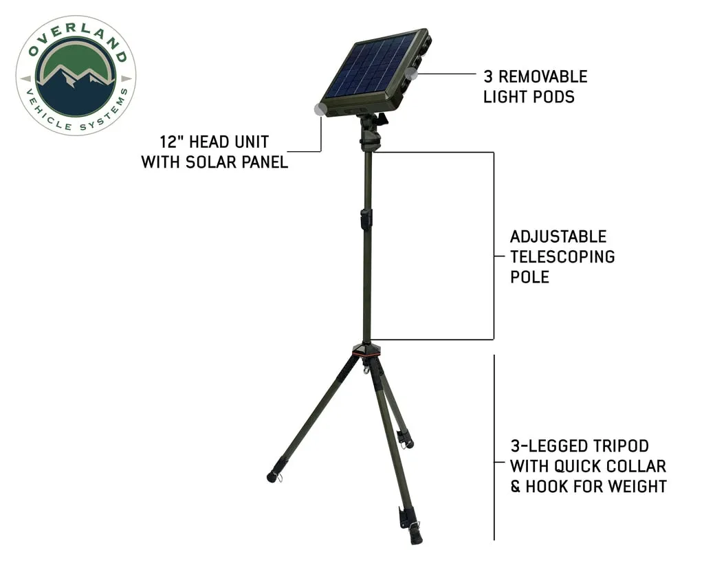 Overland Vehicle Systems Wild Land Camping Gear - ENCOUNTER Solar Powdered Camping Light with Removable Light Pods